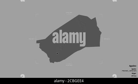 Région d'Agadez, département du Niger, isolée sur fond solide dans une boîte englobante géoréférencée. Étiquettes. Carte d'élévation à deux niveaux. Rendu 3D Banque D'Images
