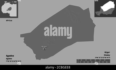 Forme d'Agadez, département du Niger, et sa capitale. Echelle de distance, aperçus et étiquettes. Carte d'élévation à deux niveaux. Rendu 3D Banque D'Images