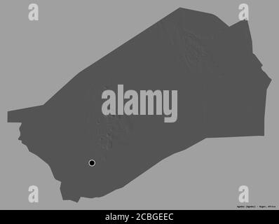 Forme d'Agadez, département du Niger, avec sa capitale isolée sur un fond de couleur unie. Carte d'élévation à deux niveaux. Rendu 3D Banque D'Images