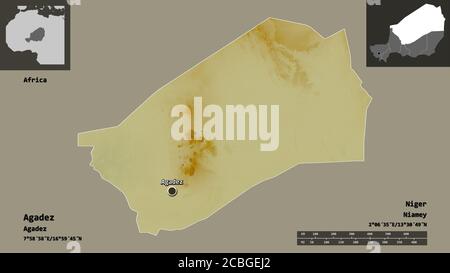 Forme d'Agadez, département du Niger, et sa capitale. Echelle de distance, aperçus et étiquettes. Carte topographique de relief. Rendu 3D Banque D'Images