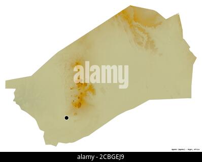 Forme d'Agadez, département du Niger, avec sa capitale isolée sur fond blanc. Carte topographique de relief. Rendu 3D Banque D'Images
