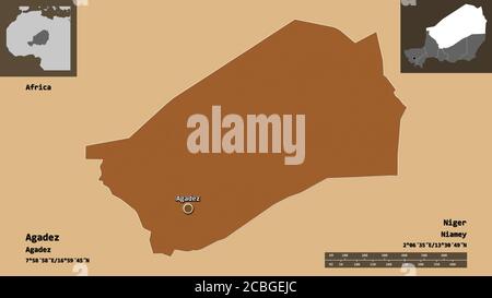 Forme d'Agadez, département du Niger, et sa capitale. Echelle de distance, aperçus et étiquettes. Composition de textures régulièrement répétées. Rendu 3D Banque D'Images