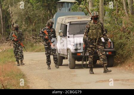 Srinagar, Inde. 13 août 2020. Les forces de sécurité indiennes ont lancé une opération anti-militants dans le village de Hieng-Rajpora, dans la ville de Kunzer, dans le district de Baramulla, au nord de Srinagar, au Cachemire contrôlé par l'Inde, le 13 août 2020. L'opération anti-militants a été lancée à la suite des contributions concernant la présence de militants dans la région. (Photo de Sajad Hameed/Pacific Press/Sipa USA) Credit: SIPA USA/Alay Live News Banque D'Images