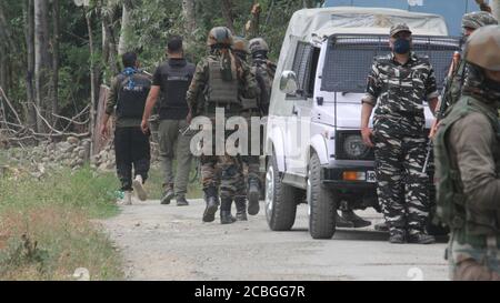 Srinagar, Inde. 13 août 2020. Les forces de sécurité indiennes ont lancé une opération anti-militants dans le village de Hieng-Rajpora, dans la ville de Kunzer, dans le district de Baramulla, au nord de Srinagar, au Cachemire contrôlé par l'Inde, le 13 août 2020. L'opération anti-militants a été lancée à la suite des contributions concernant la présence de militants dans la région. (Photo de Sajad Hameed/Pacific Press/Sipa USA) Credit: SIPA USA/Alay Live News Banque D'Images