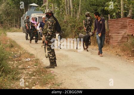 Srinagar, Inde. 13 août 2020. Les forces de sécurité indiennes ont lancé une opération anti-militants dans le village de Hieng-Rajpora, dans la ville de Kunzer, dans le district de Baramulla, au nord de Srinagar, au Cachemire contrôlé par l'Inde, le 13 août 2020. L'opération anti-militants a été lancée à la suite des contributions concernant la présence de militants dans la région. (Photo de Sajad Hameed/Pacific Press/Sipa USA) Credit: SIPA USA/Alay Live News Banque D'Images