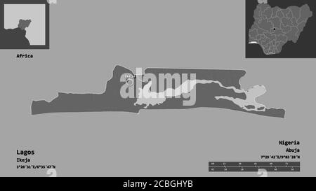 Forme de Lagos, État du Nigeria, et sa capitale. Echelle de distance, aperçus et étiquettes. Carte d'élévation à deux niveaux. Rendu 3D Banque D'Images