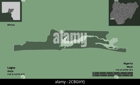 Forme de Lagos, État du Nigeria, et sa capitale. Echelle de distance, aperçus et étiquettes. Carte d'altitude en couleur. Rendu 3D Banque D'Images