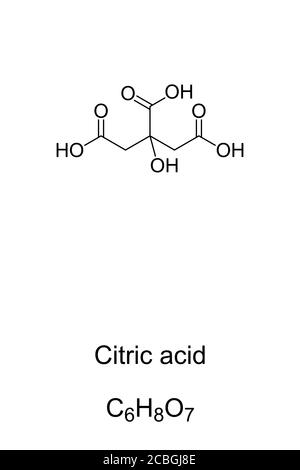 Acide citrique, structure chimique et formule. Acide organique faible, naturellement dans les agrumes. Intermédiaire dans le cycle de l'acide citrique. Banque D'Images