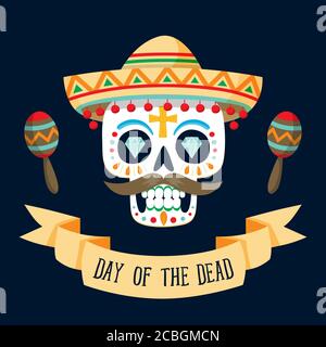 Carte « de los Muertos » (jour de l'mort) avec texte en anglais. Crâne de sucre mexicain avec un chapeau et deux maracas. Illustration vectorielle. Illustration de Vecteur