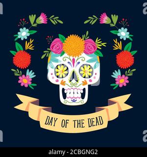 Carte « de los Muertos » (jour de l'mort) avec texte en anglais. Crâne de sucre mexicain avec décoration florale. Illustration vectorielle. Illustration de Vecteur