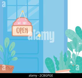 nous sommes une affiche ouverte, porte de magasin avec vue de face avec panneau et illustrations vectorielles de plantes Illustration de Vecteur
