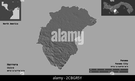 Forme de Herrera, province de Panama, et sa capitale. Echelle de distance, aperçus et étiquettes. Carte d'élévation à deux niveaux. Rendu 3D Banque D'Images