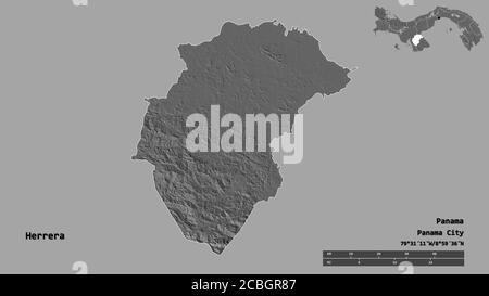 Forme de Herrera, province de Panama, avec sa capitale isolée sur fond solide. Échelle de distance, aperçu de la région et libellés. Carte d'élévation à deux niveaux. Banque D'Images