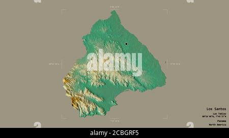 Zone de Los Santos, province de Panama, isolée sur un fond solide dans une boîte englobante géoréférencée. Étiquettes. Carte topographique de relief. Rendu 3D Banque D'Images