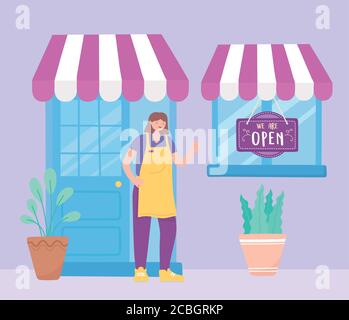 nous sommes une affiche ouverte, vue de face de l'employé de la fenêtre de porte de magasin et l'illustration de vecteur d'usines Illustration de Vecteur