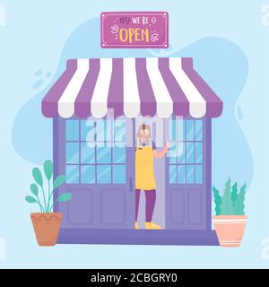 nous sommes une affiche ouverte, une femme employé magasin de la façade et des plantes illustration vecteur Illustration de Vecteur