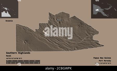 Forme des Highlands du Sud, province de Papouasie-Nouvelle-Guinée, et sa capitale. Echelle de distance, aperçus et étiquettes. Carte d'altitude en couleur. Rendu 3D Banque D'Images