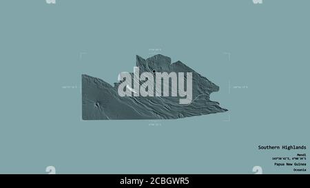 Région des Highlands du Sud, province de Papouasie-Nouvelle-Guinée, isolée sur un fond solide dans une boîte englobante géoréférencée. Étiquettes. Élévation de couleur ma Banque D'Images