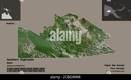 Forme des Highlands du Sud, province de Papouasie-Nouvelle-Guinée, et sa capitale. Echelle de distance, aperçus et étiquettes. Imagerie satellite. Rendu 3D Banque D'Images