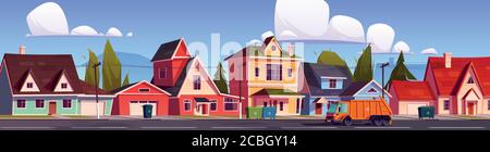 Un camion à ordures nettoie les déchets en ville, un récupérateur de déchets de voiture dans la rue de banlieue avec des poubelles se tiennent sur le bord de la route des chantiers. Collection de déchets service municipal dessin vectoriel de dessin animé Illustration de Vecteur