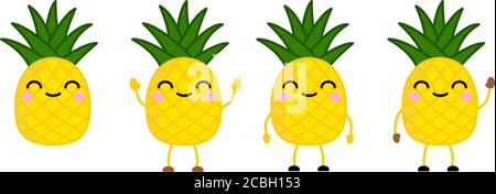 Adorable icône de fruit d'ananas style kawaii, yeux fermés, souriant. Version avec les mains levées, abafonction et ondulation. Illustration de Vecteur