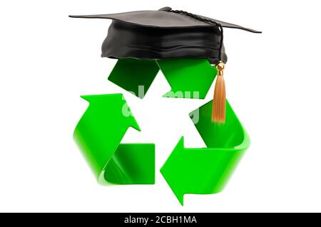 Recyclez le symbole avec le capuchon de graduation. Concept d'éco-éducation. Rendu 3D isolé sur fond blanc Banque D'Images