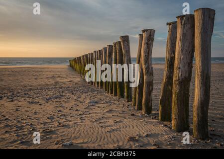 Clôture en bois sur la plage de Calais au coucher du soleil. Banque D'Images