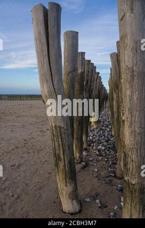 Clôture en bois sur la plage de Calais au coucher du soleil. Banque D'Images