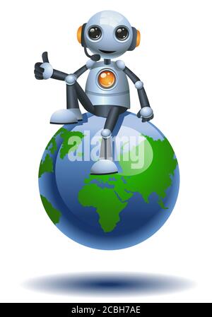 illustration 3d du petit opérateur de robot assis sur le globe terrestre faire appel à l'opérateur de service sur un fond blanc isolé Banque D'Images