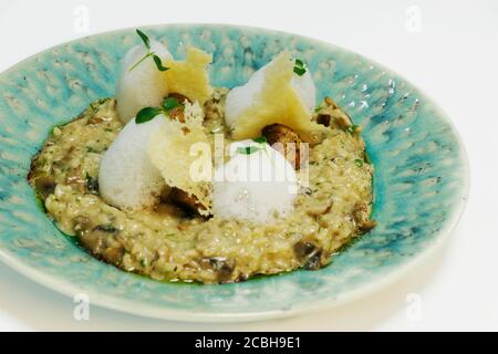 Risotto crémeux aux champignons, spécialité de riz italien avec fromage parmeesan croustillant, mousse et herbes Banque D'Images