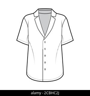 Chemise de pyjama technique avec silhouette ample, col cranté pointu, boutons sur le devant, manches courtes. Modèle de vêtement plat sur le devant de couleur blanche. Femmes hommes unisexe haut Illustration de Vecteur