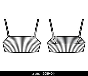 Haut court côtelé en tricot extensible illustration technique de la mode avec corps ajusté, sous la longueur de la poitrine. Caraco plat extérieur débardeur vêtements modèle avant dos blanc couleur. Femmes hommes unisexe haut CAD Illustration de Vecteur