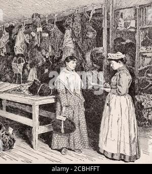 Sortie - UNE patiente qui reçoit son lot de vêtements dans l'ancienne salle à vêtements de l'hôpital Bellevue. New York, vers 1892 Banque D'Images