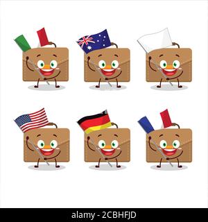 Le personnage de dessin animé de valise marron apporte les drapeaux de divers pays Illustration de Vecteur