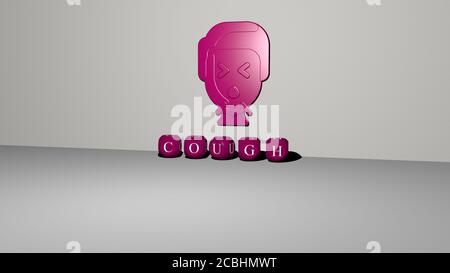 Tousser l'icône 3D sur le mur et le texte de cubique Alphabets sur le sol - illustration 3D pour le froid et maladie Banque D'Images