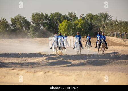 Groupe de jeunes cavaliers pratiquant sur un stock de désert photo Banque D'Images