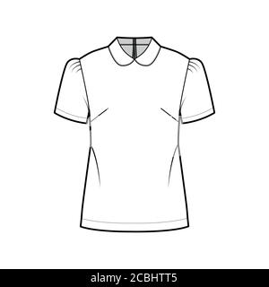 Chemisier à col claudine illustration technique de la mode avec manches courtes, corps décontracté, ouverture boutonnée dans le dos. Modèle de dessus de vêtement plat à l'avant, couleur blanche. Femmes hommes unisexe chemise mockup Illustration de Vecteur