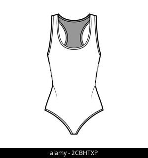 Body en jersey de coton, illustration technique de la mode, dos nageur, encolure en U profonde. Modèle de vêtement extérieur plat une pièce à l'avant, couleur blanche. Femmes, hommes, unisex maillot de bain CAD maquette. Illustration de Vecteur