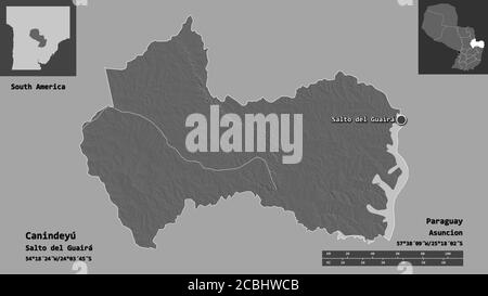 Forme de Canindeyú, département du Paraguay, et sa capitale. Echelle de distance, aperçus et étiquettes. Carte d'élévation à deux niveaux. Rendu 3D Banque D'Images