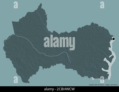 Forme de Canindeyú, département du Paraguay, avec sa capitale isolée sur un fond de couleur unie. Carte d'altitude en couleur. Rendu 3D Banque D'Images