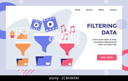 Filtrage de données vidéo vidéo filtrage de musique avec entonnoir dans un fichier campagne de dossier pour le modèle de page d'accueil de la page d'accueil du site web bannière avec Illustration de Vecteur