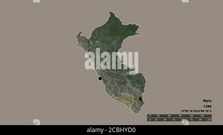 Forme désaturée du Pérou avec sa capitale, sa principale division régionale et la région séparée d'Arequipa. Étiquettes. Imagerie satellite. Rendu 3D Banque D'Images