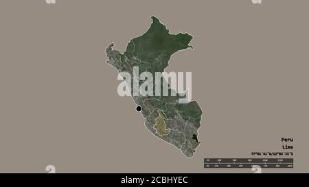 Forme désaturée du Pérou avec sa capitale, sa principale division régionale et la région séparée d'Ayacucho. Étiquettes. Imagerie satellite. Rendu 3D Banque D'Images