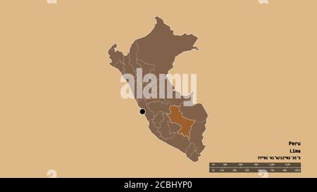 Forme désaturée du Pérou avec sa capitale, sa principale division régionale et la région séparée de Cusco. Étiquettes. Composition de textures régulièrement répétées. Banque D'Images