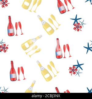 Vector Champagne Bubbles et Ocean star Fish fond sans couture. Bouteilles Prosecco, verres de fizzing, coquilles de cowrie rouge or, toile de fond blanche Illustration de Vecteur