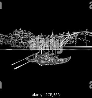 Dessin horizon Porto . Illustration à la main noire et blanche. Icône pour l'impression et l'étiquetage. Illustration de Vecteur