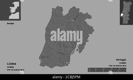 Forme de Lisboa, quartier du Portugal, et sa capitale. Echelle de distance, aperçus et étiquettes. Carte d'élévation à deux niveaux. Rendu 3D Banque D'Images