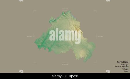 Zone de Portalegre, district du Portugal, isolée sur un fond solide dans une boîte englobante géoréférencée. Étiquettes. Carte topographique de relief. Rendu 3D Banque D'Images
