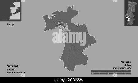 Forme de Setúbal, quartier du Portugal, et sa capitale. Echelle de distance, aperçus et étiquettes. Carte d'élévation à deux niveaux. Rendu 3D Banque D'Images