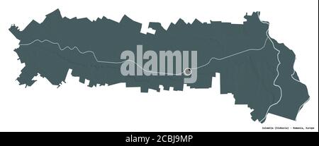 Forme de Ialomița, comté de Roumanie, avec sa capitale isolée sur fond blanc. Carte d'altitude en couleur. Rendu 3D Banque D'Images